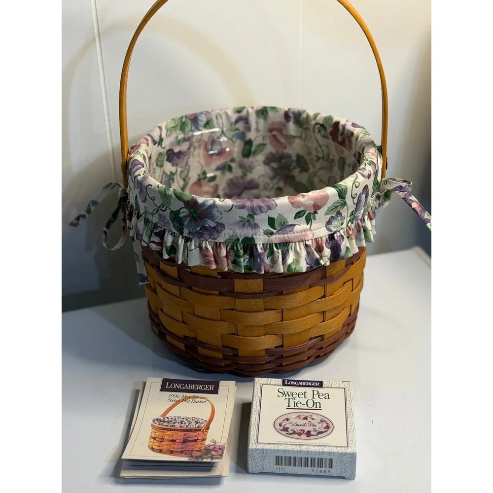 VTG Longaberger 96' May Series Sweet Pea Basket Brown Floral Liner Ceramic TieOn